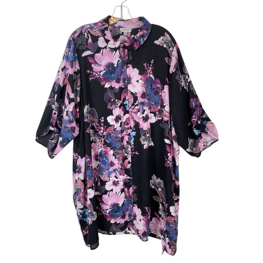 Avenue floral tunic blouse women’s 26/28 roll tab‎ sleeve black pink purple NEW